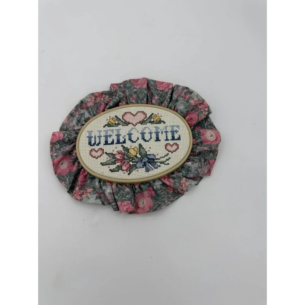 Hand Embroidered Welcome Oval Hoop Laced Edges Counted Cross Stitch Needlepoint